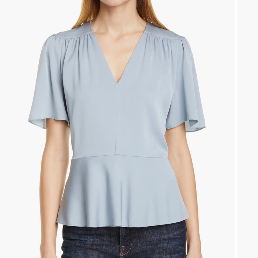 Lewit Silk Light Blue V-Neck Flutter Sleeve Peplum Top